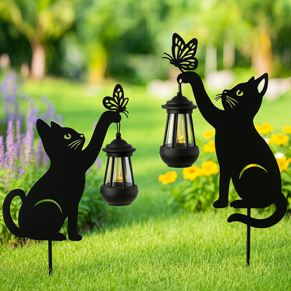 Solar Katzen-Gartenleuchte - Dekorative LED Eisenkunst für Garten und Rasen