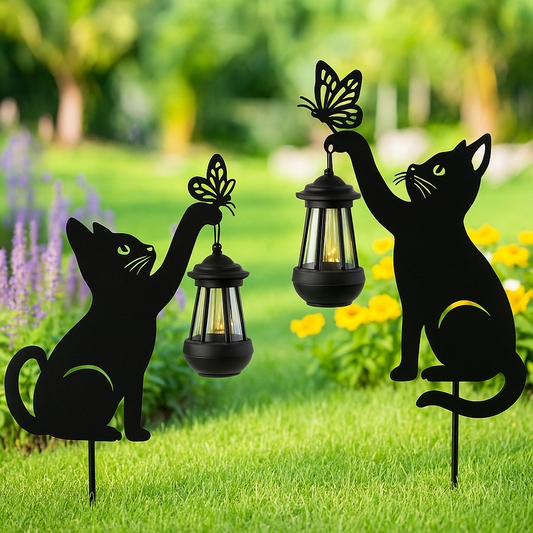 Solar Katzen-Gartenleuchte - Dekorative LED Eisenkunst für Garten und Rasen