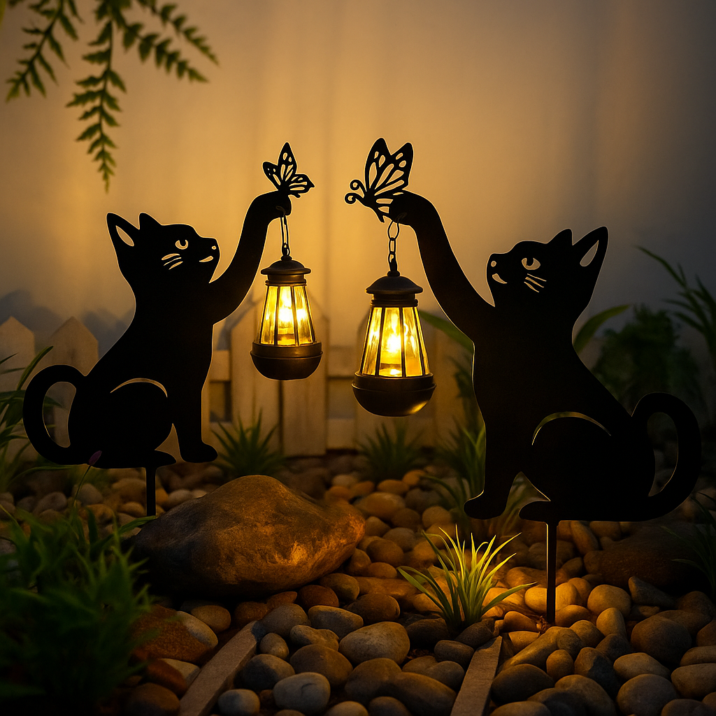 Solar Katzen-Gartenleuchte - Dekorative LED Eisenkunst für Garten und Rasen
