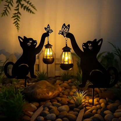 Solar Katzen-Gartenleuchte - Dekorative LED Eisenkunst für Garten und Rasen
