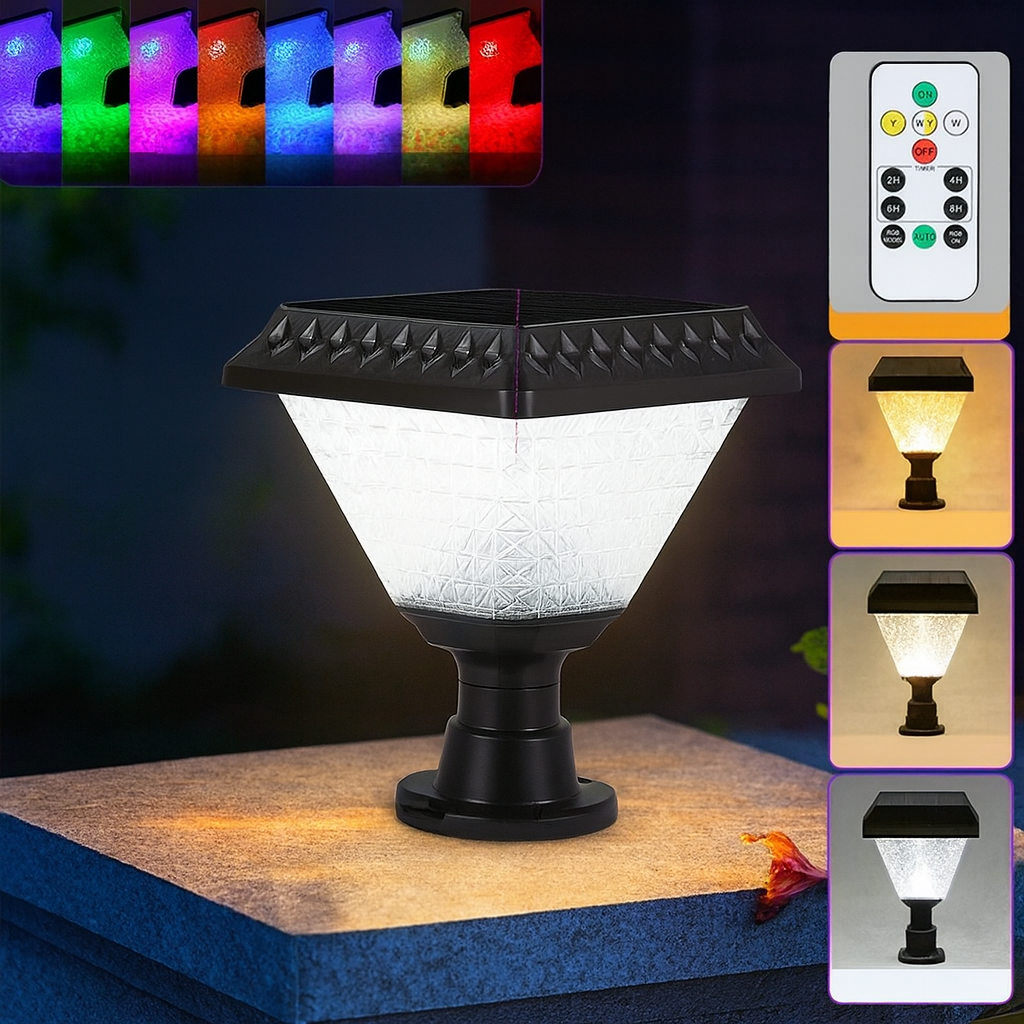 Solar Pfeilerleuchte mit Timer & Fernbedienung IP65 - RGB LED Gartenbeleuchtung Dimmbar